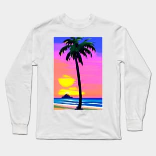 Evening Summer Sunset Palm Tree Beach Ocean Artistic Paradise Long Sleeve T-Shirt